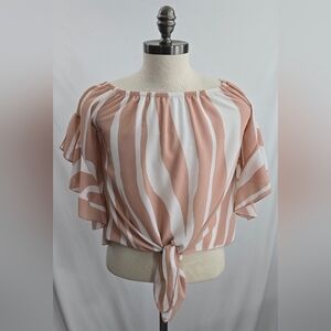 VICI Striped Off The Shoulder Bell Sleeve Tops Shirt Tie Knot Chiffon Blouse SM